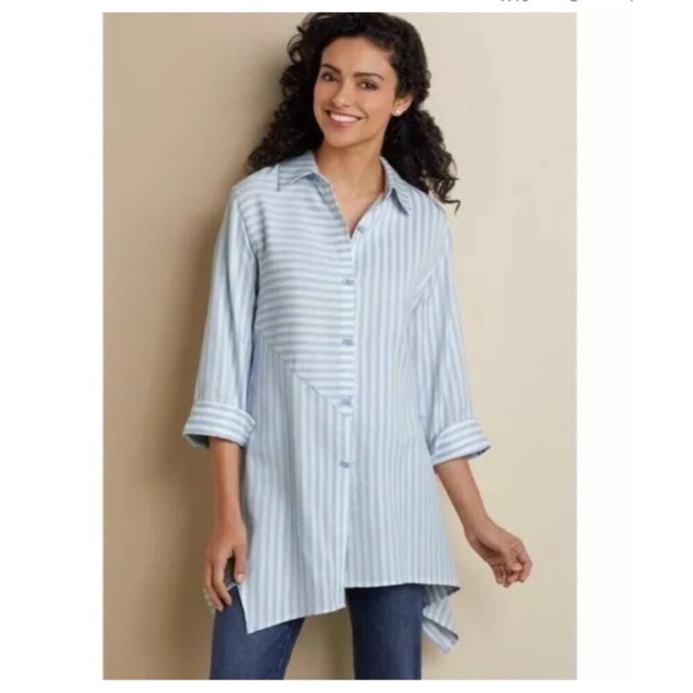 Soft Surroundings Stripe Square Button Tunic Top Button Front and Back Tencel XL